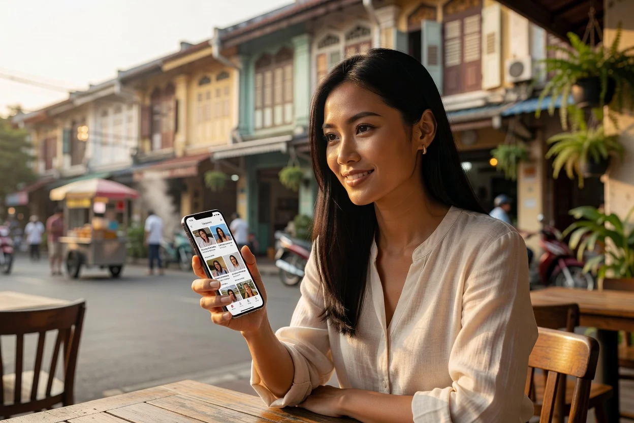 Femme thaïlandaise consultant son profil ThaiCupid sur smartphone