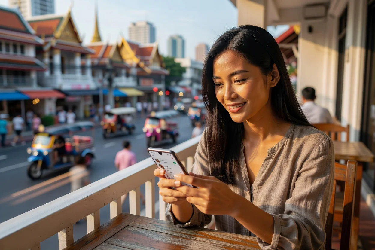 Interface de messagerie sécurisée ThaiCupid avec badge de vérification
