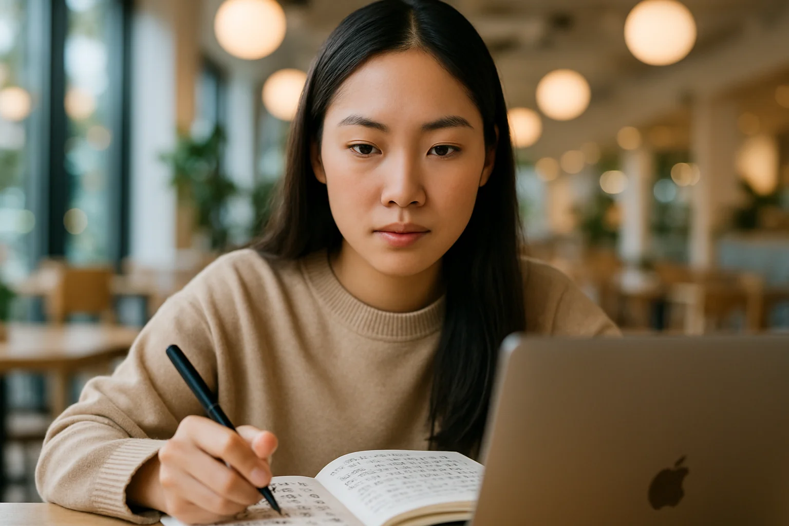 Jeune femme asiatique étudiant sur un ordinateur portable dans un café moderne