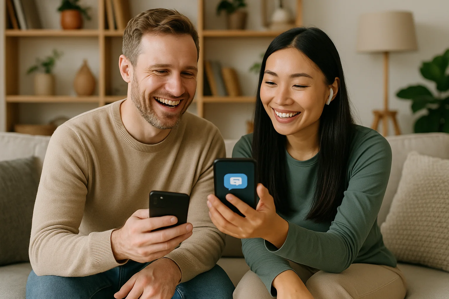 Couple mixte pratiquant une langue asiatique avec une application smartphone dans un salon chaleureux