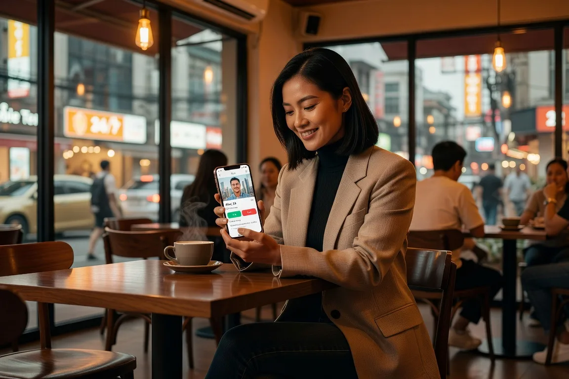 Application mobile AsianDating sur iPhone en contexte urbain asiatique