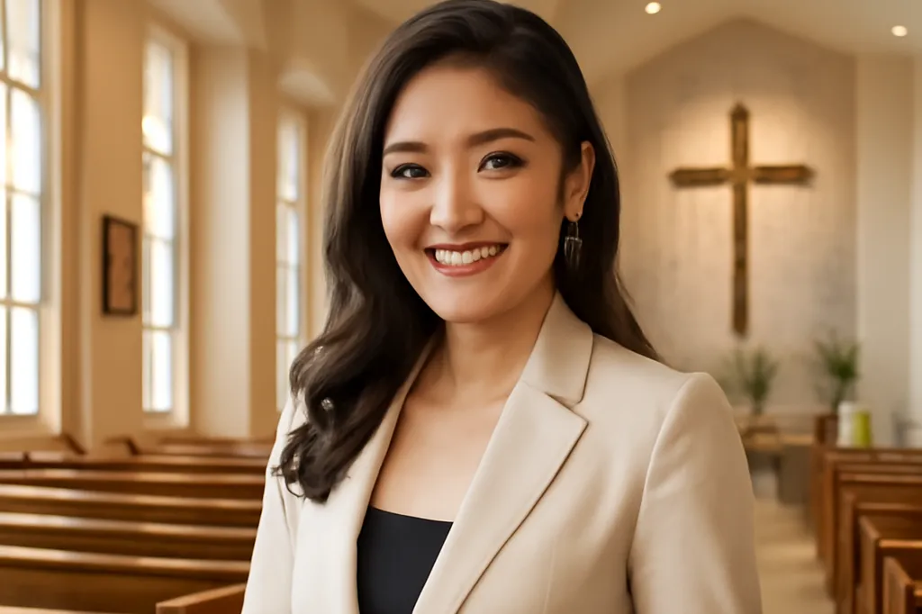 Femme philippine souriante dans une église moderne lumineuse