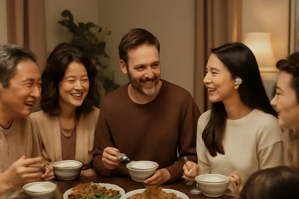 Famille asiatique elargie partageant un repas convivial avec un gendre occidental integre