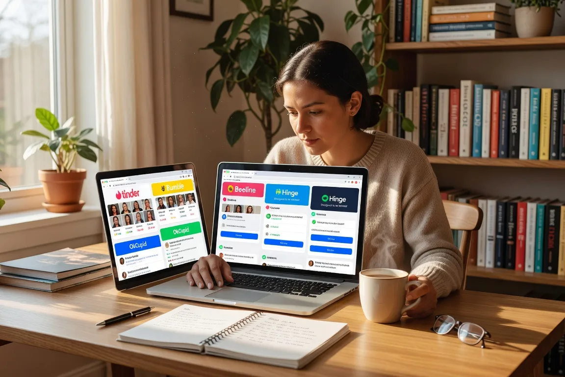 Personne comparant des applications de rencontre sur laptop