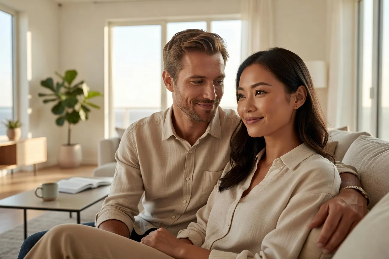 Couple mixte franco-asiatique complice dans un appartement contemporain