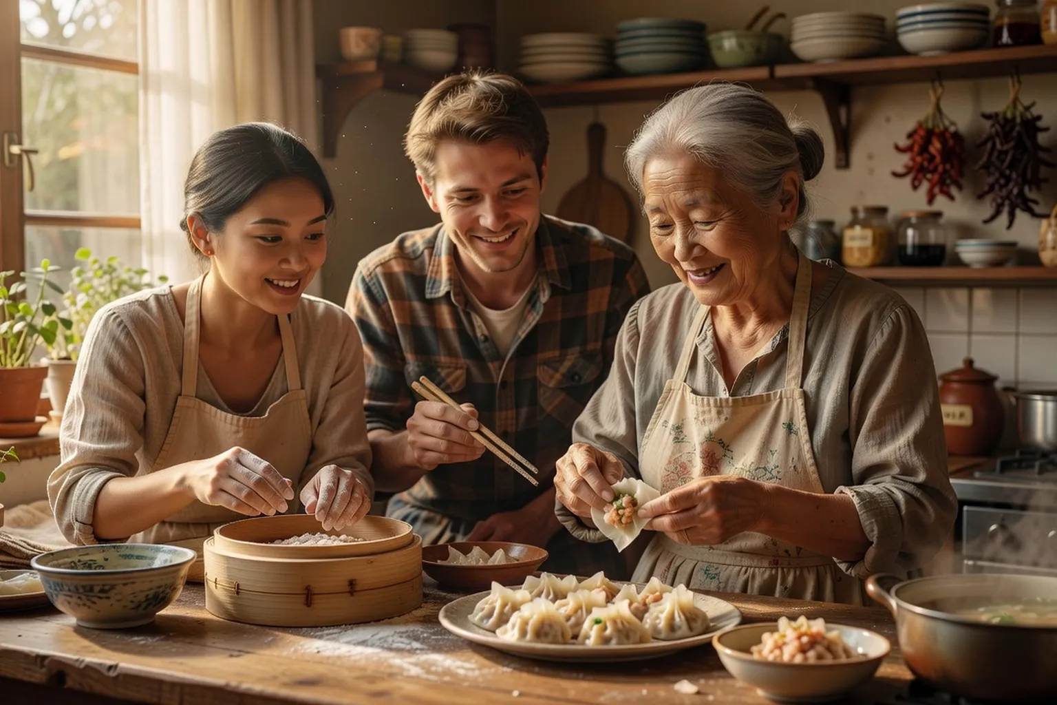 Trois générations d'une famille asiatique réunies autour d'un repas
