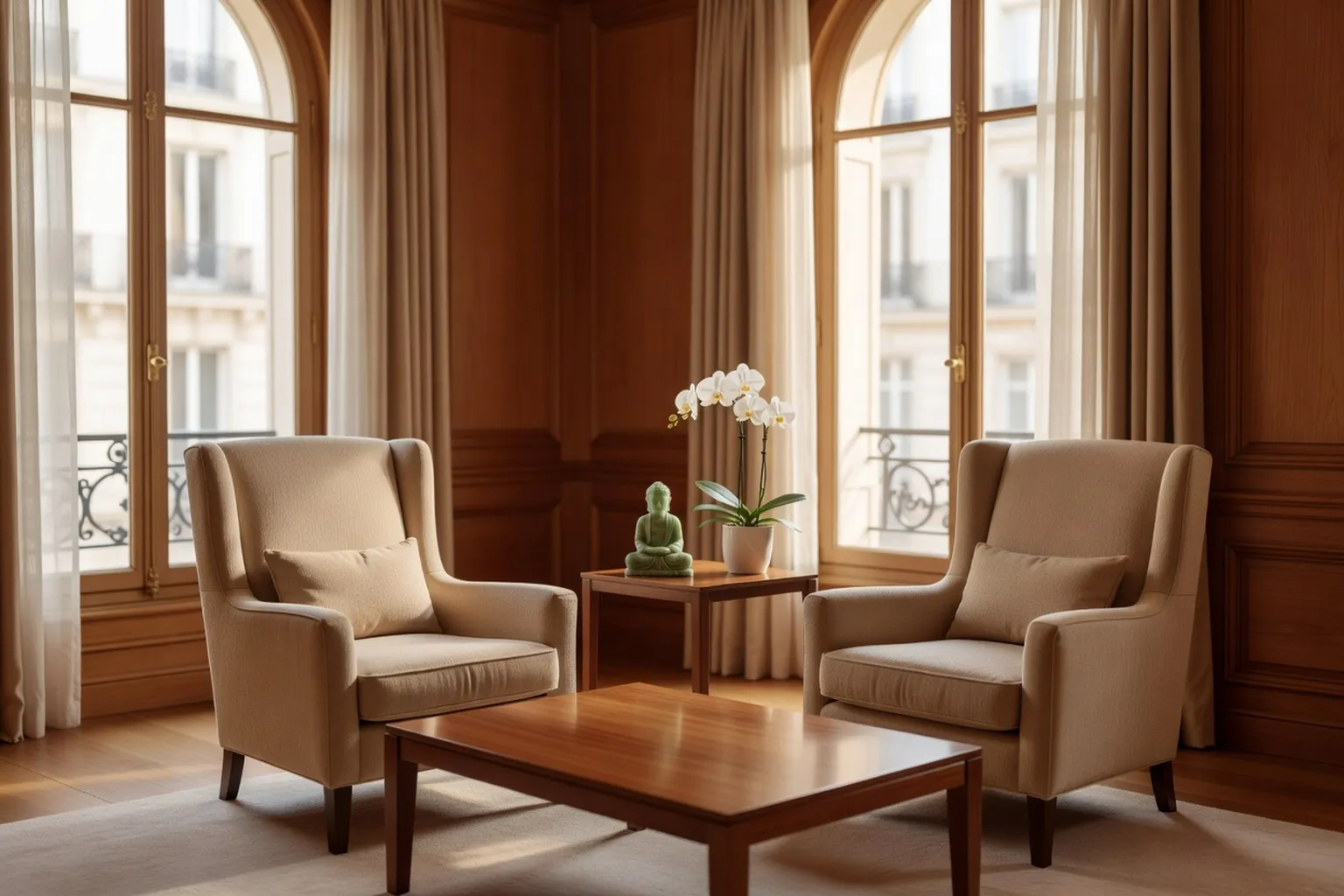 Bureau d'agence matrimoniale parisienne avec photos de couples binationaux