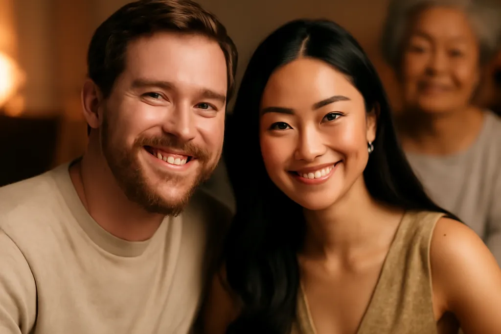 Couple mixte partageant un repas familial chaleureux avec une figure maternelle asiatique