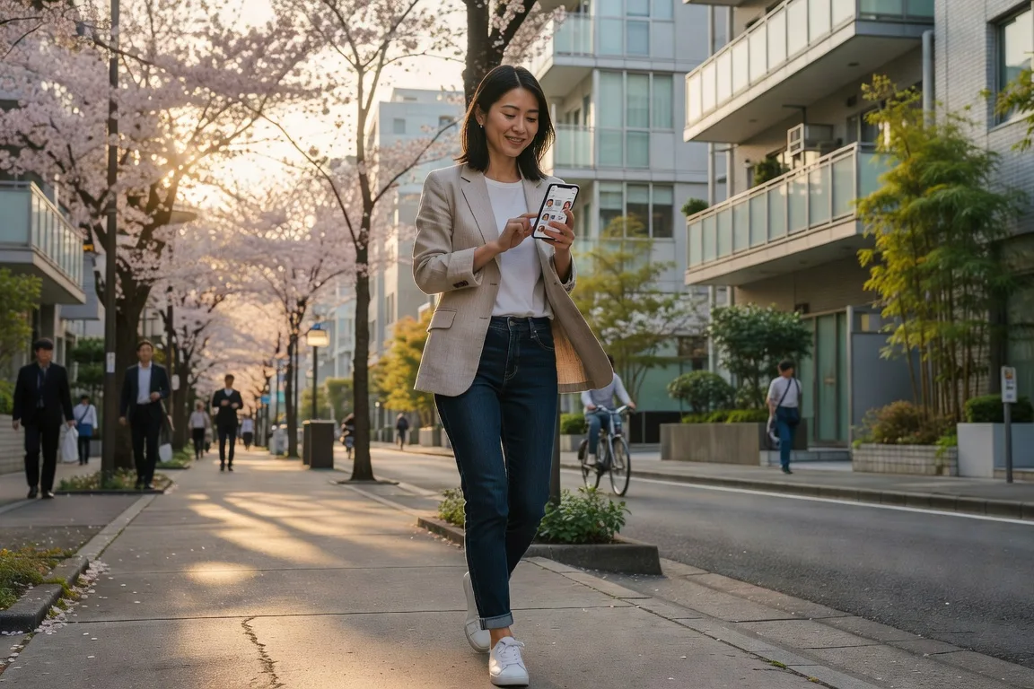 Application JapanCupid consultee a Tokyo au golden hour