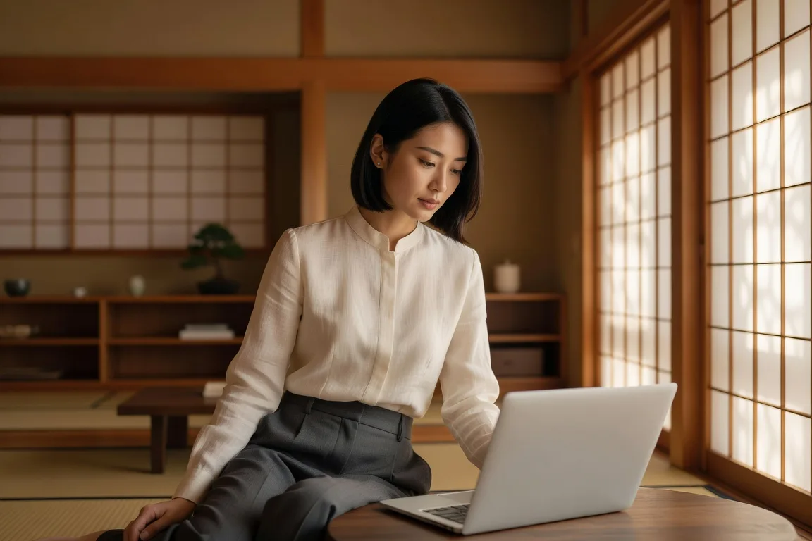 Femme japonaise consultant JapanCupid dans un interieur moderne a Kyoto