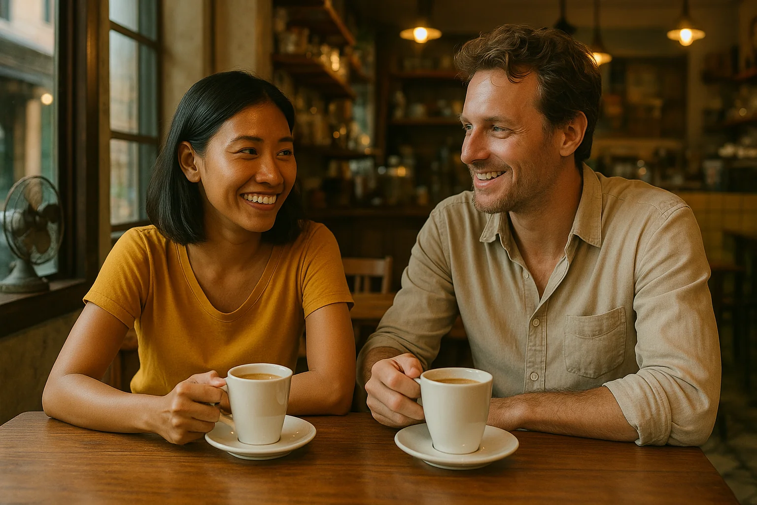 Couple mixte prenant un café dans un café branché d'une ville asiatique
