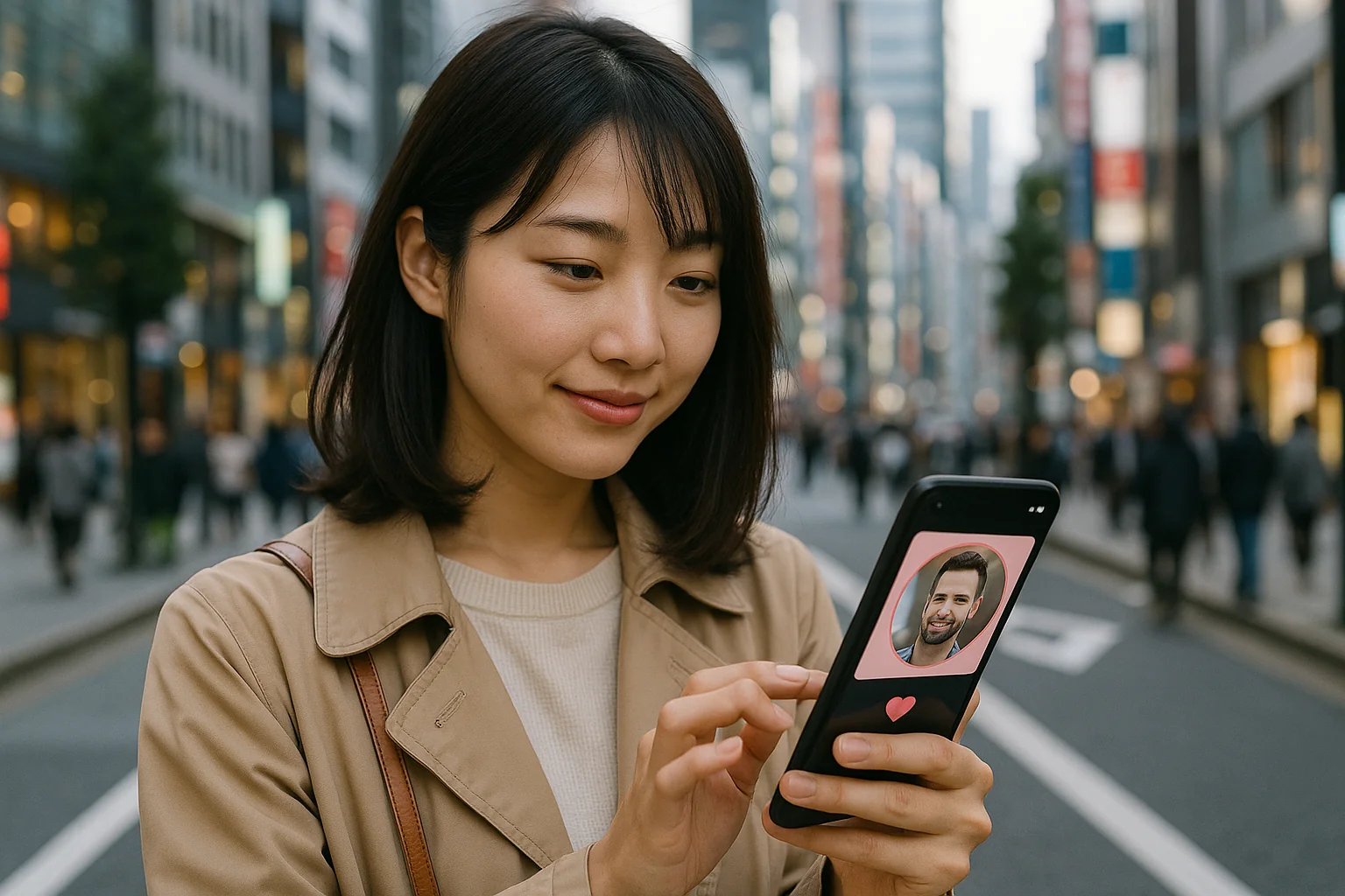 Jeune femme japonaise utilisant une application de rencontre internationale dans une rue de Tokyo