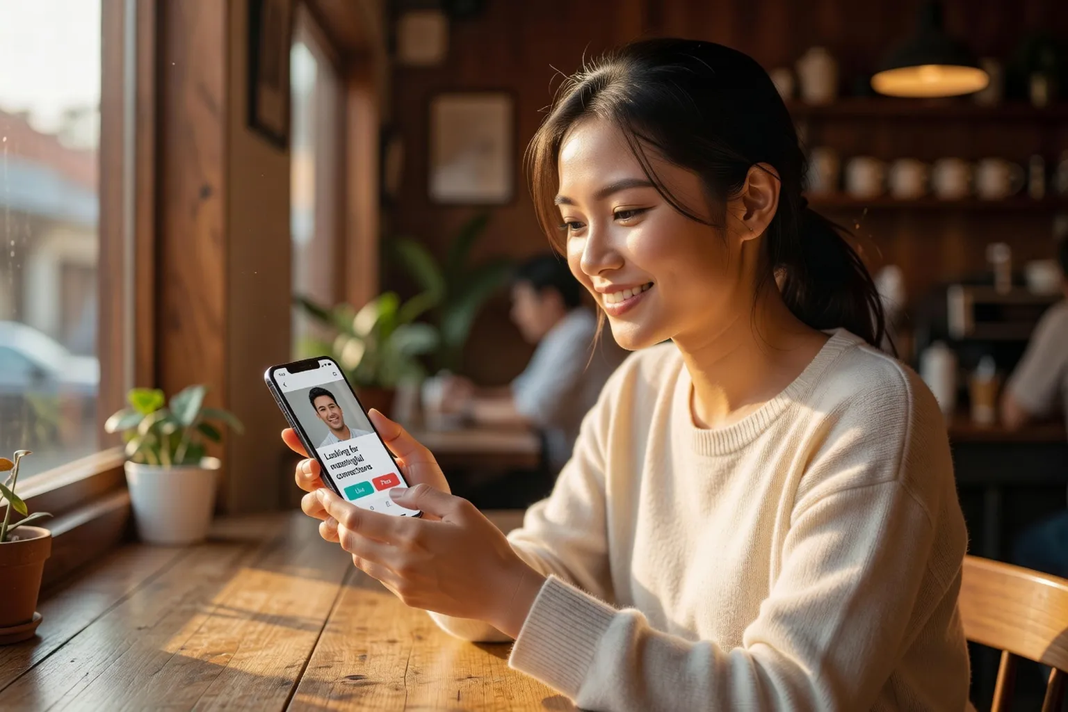 Femme philippine souriante avec smartphone consultant une application de rencontre