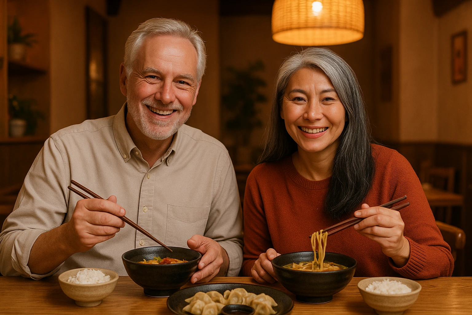 Couple senior mixte occidental et asiatique partageant un repas traditionnel dans un restaurant asiatique chaleureux