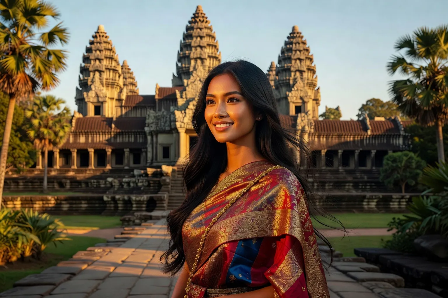 Femme laotienne souriante au bord du Mékong en tenue traditionnelle