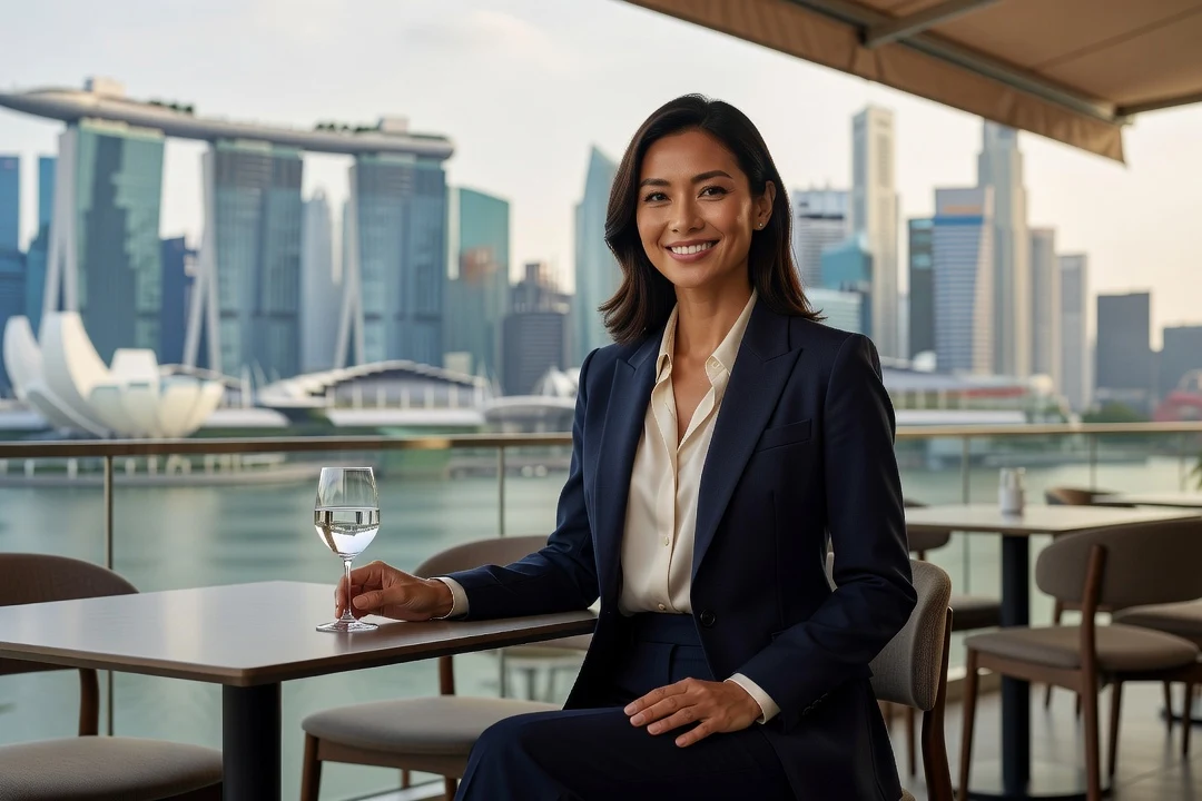 Femme singapourienne d'origine chinoise souriante en terrasse avec la skyline de Marina Bay en arrière-plan