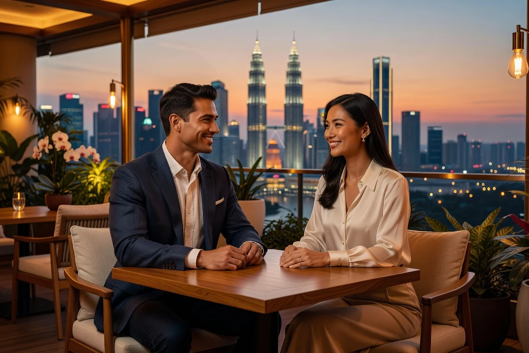 Couple mixte souriant en terrasse d'un restaurant avec vue sur une skyline asiatique moderne