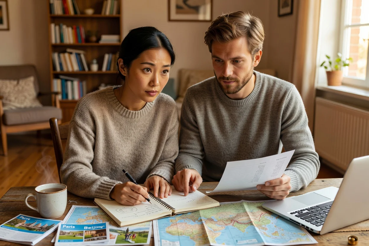 Homme préparant son voyage en Asie avec billets d'avion et carte