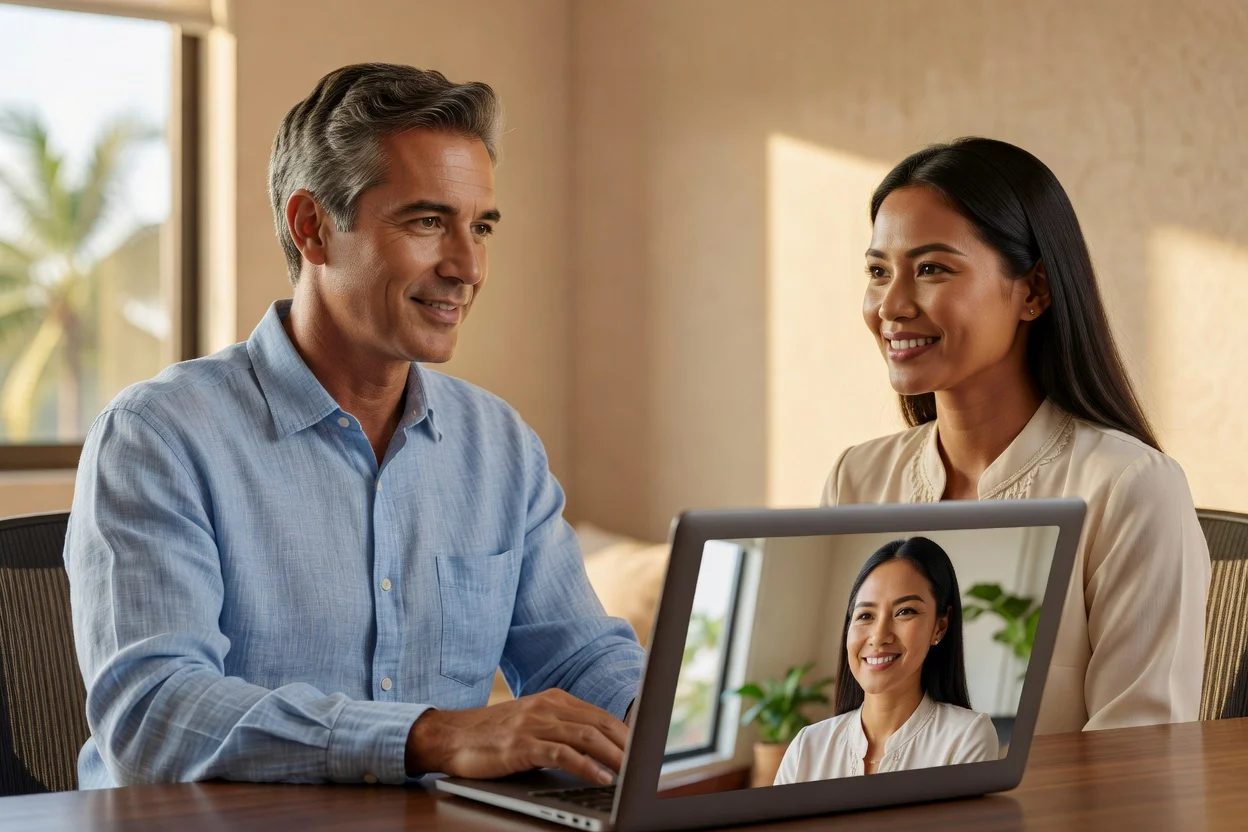 Homme souriant envoyant un message sur son smartphone à une femme asiatique