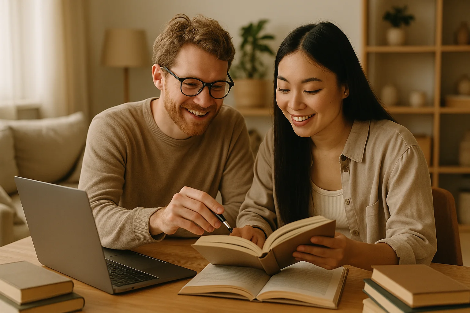 Couple mixte occidental et asiatique étudiant une langue ensemble à la maison