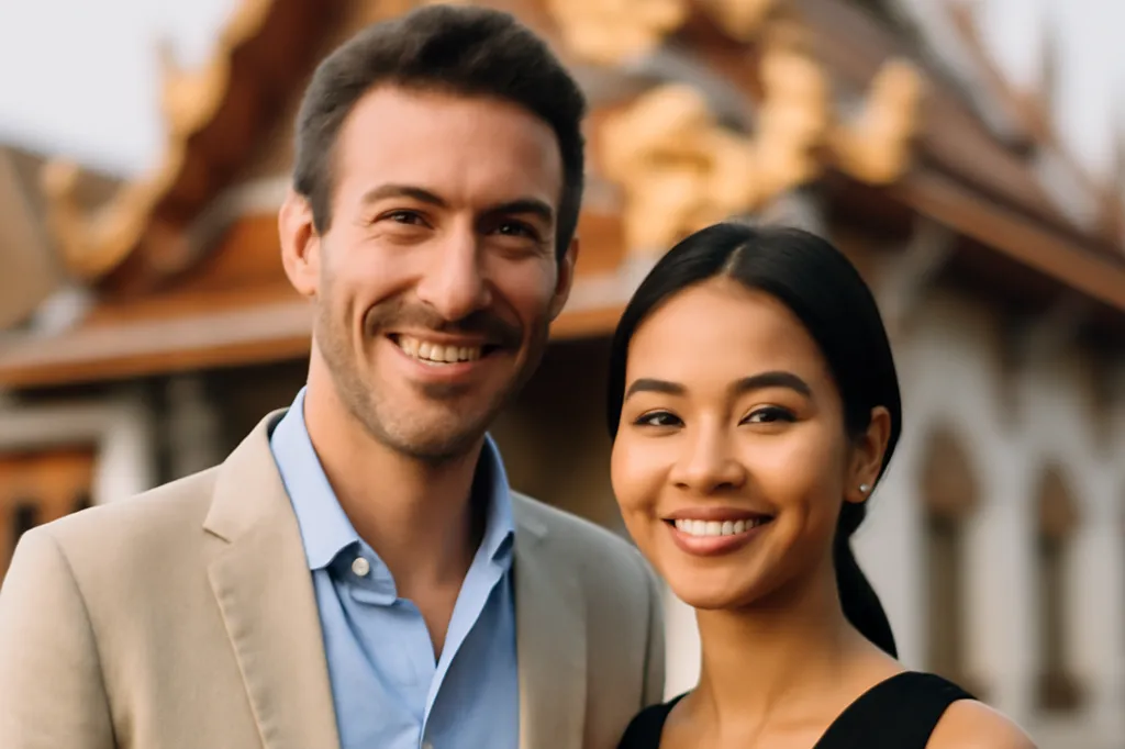Couple franco-asiatique discutant avec des proches autour d'une table familiale