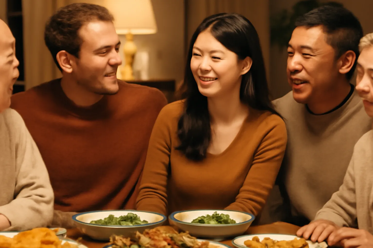 Trois générations d'une famille asiatique réunies autour d'un repas avec un couple mixte