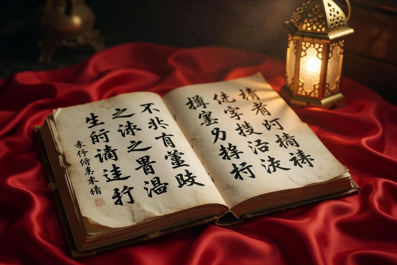 Livre asiatique ouvert avec calligraphie sur tissu de soie rouge