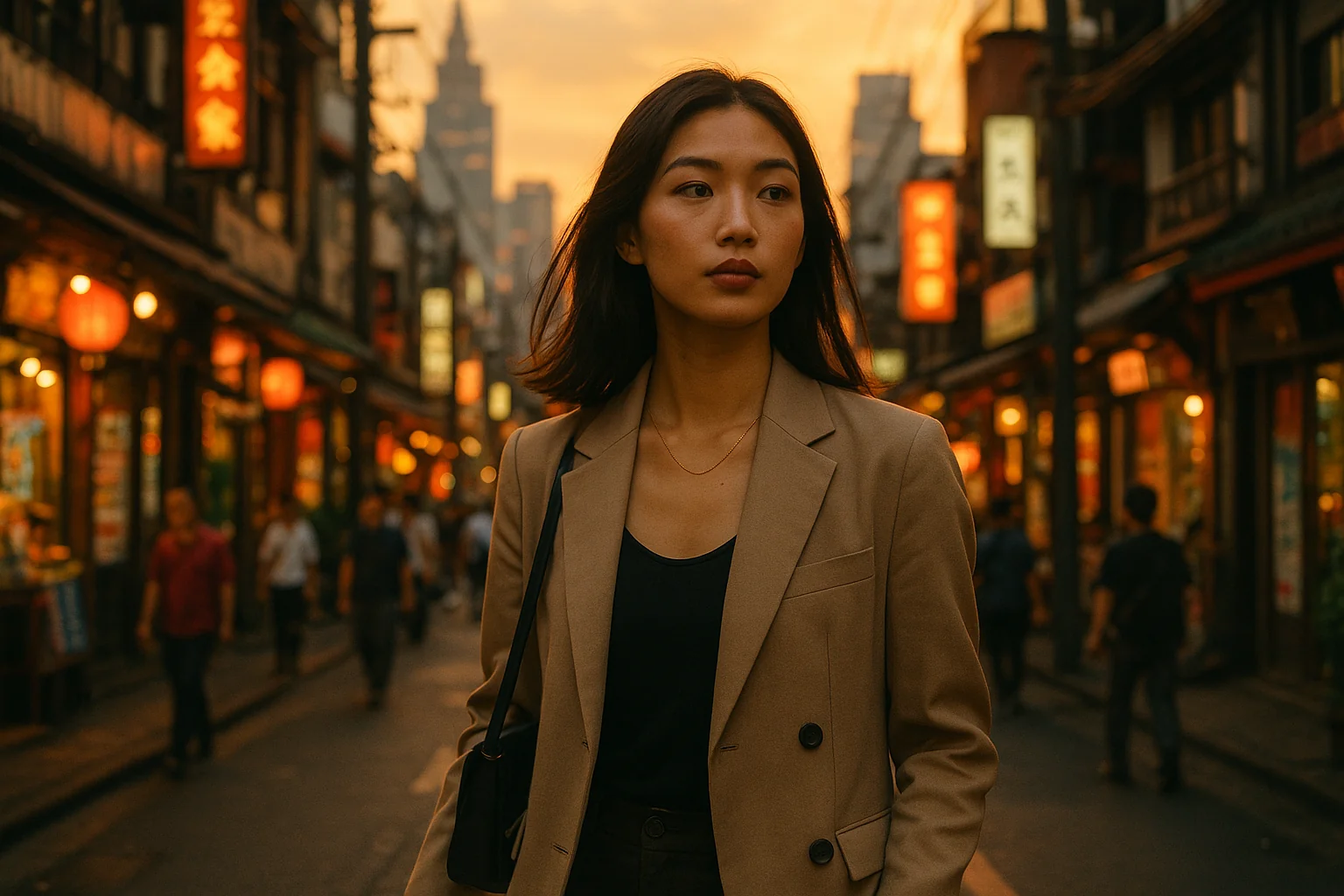 Femme asiatique élégante marchant dans une rue animée d'une grande ville asiatique au crépuscule