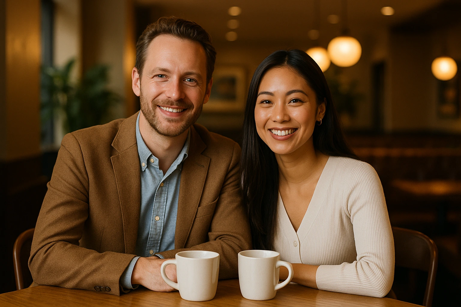 Homme et femme asiatique souriants lors d'un premier rendez-vous
