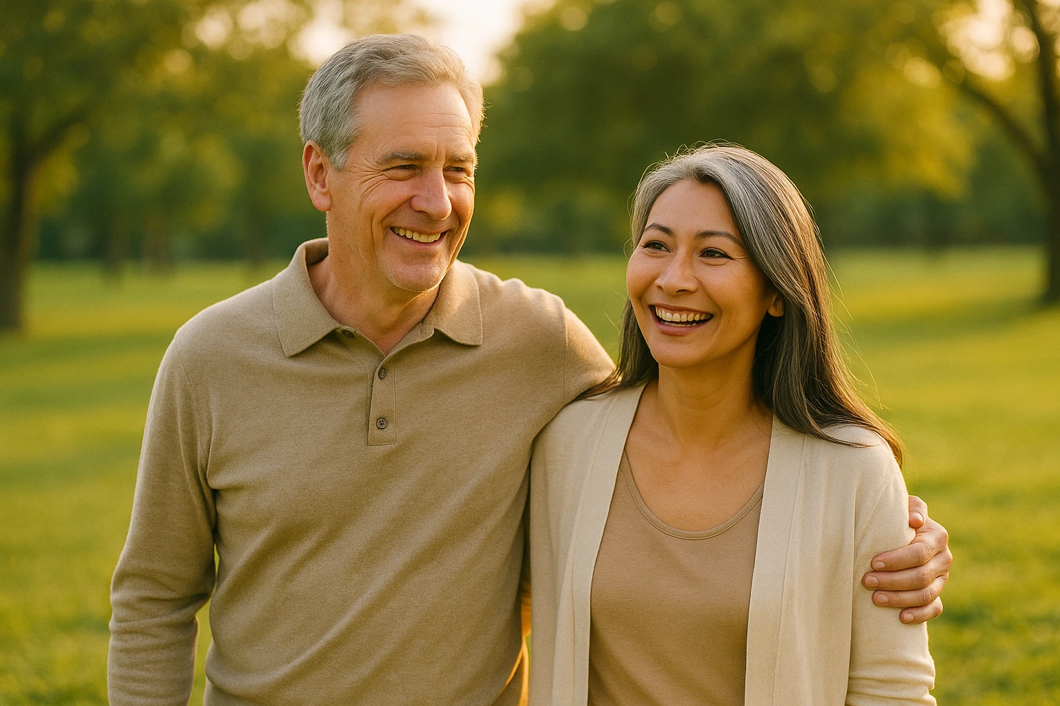 Couple mixte senior occidental et femme asiatique souriants lors d'une promenade dans un parc