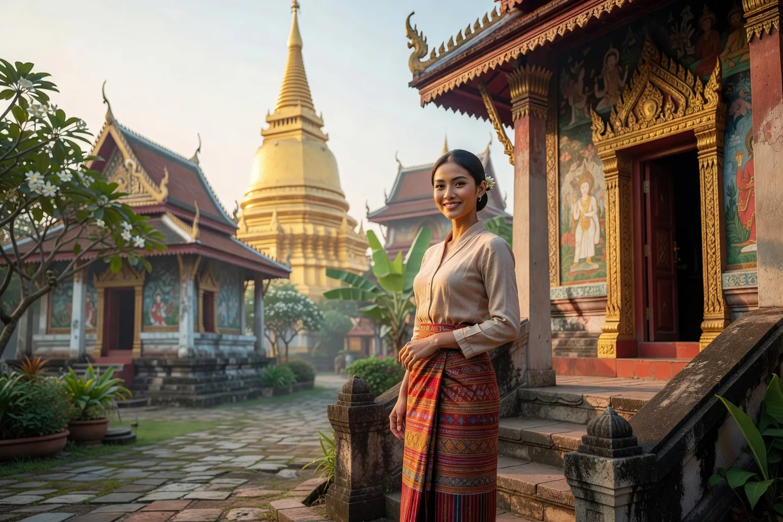 Jeune femme laotienne en tenue traditionnelle Sinh près d'un temple bouddhiste à Vientiane