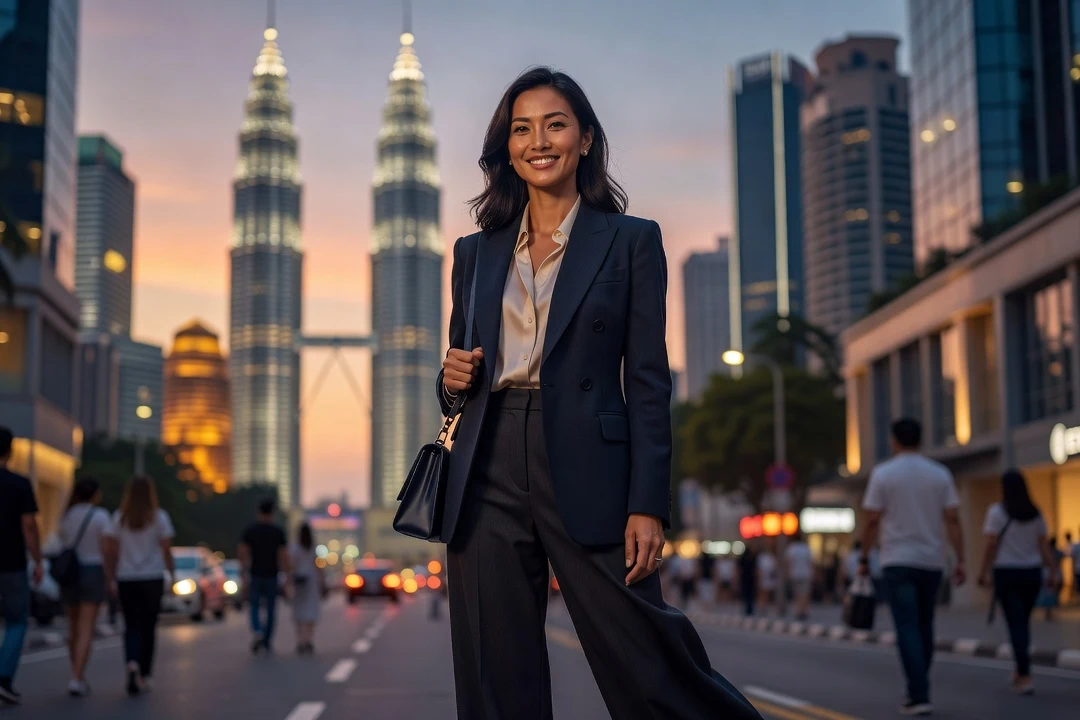 Jeune femme d'origine chinoise malaisienne souriante dans une rue animée de Kuala Lumpur au crépuscule
