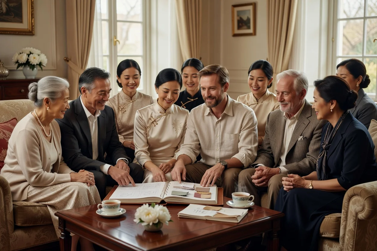 Couple mixte souriant devant un paysage asiatique, symbolisant l'union interculturelle
