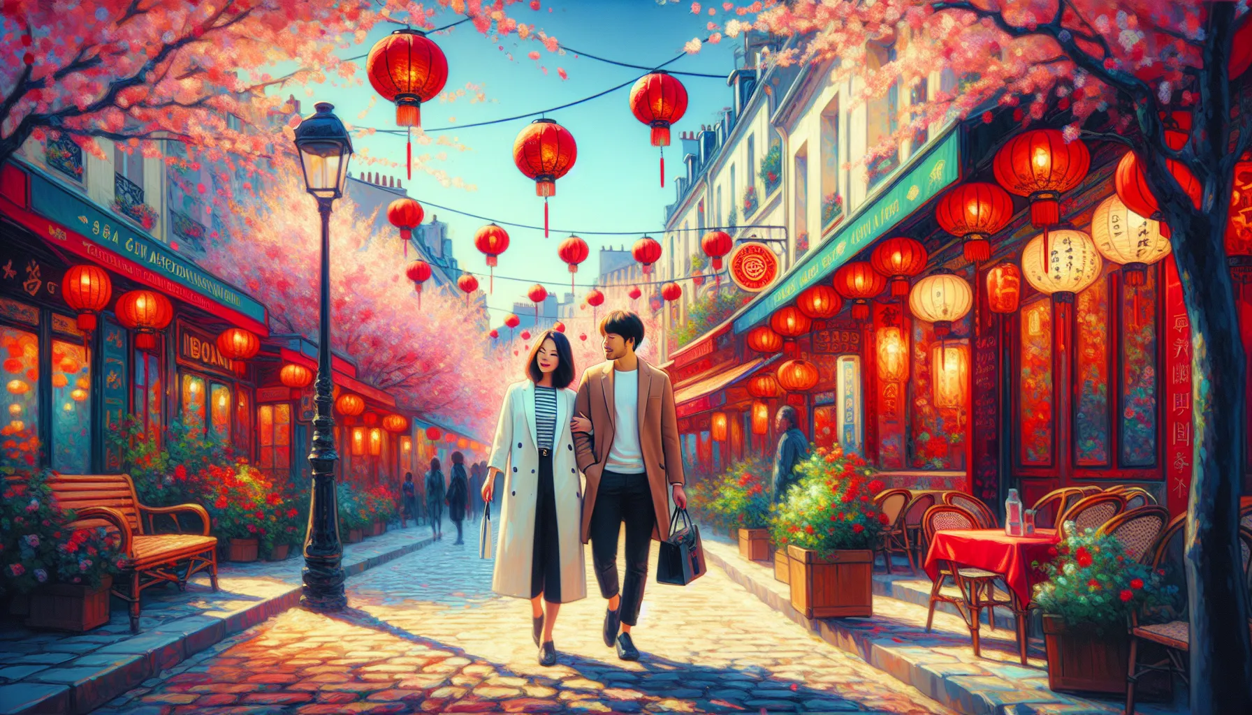 Couple mixte se promenant dans le quartier asiatique de Paris