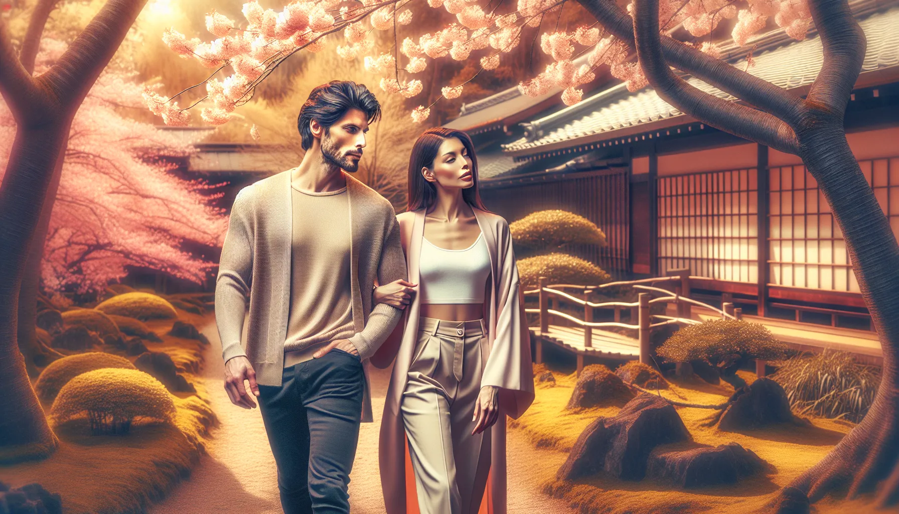 Couple franco-japonais dans un jardin traditionnel japonais