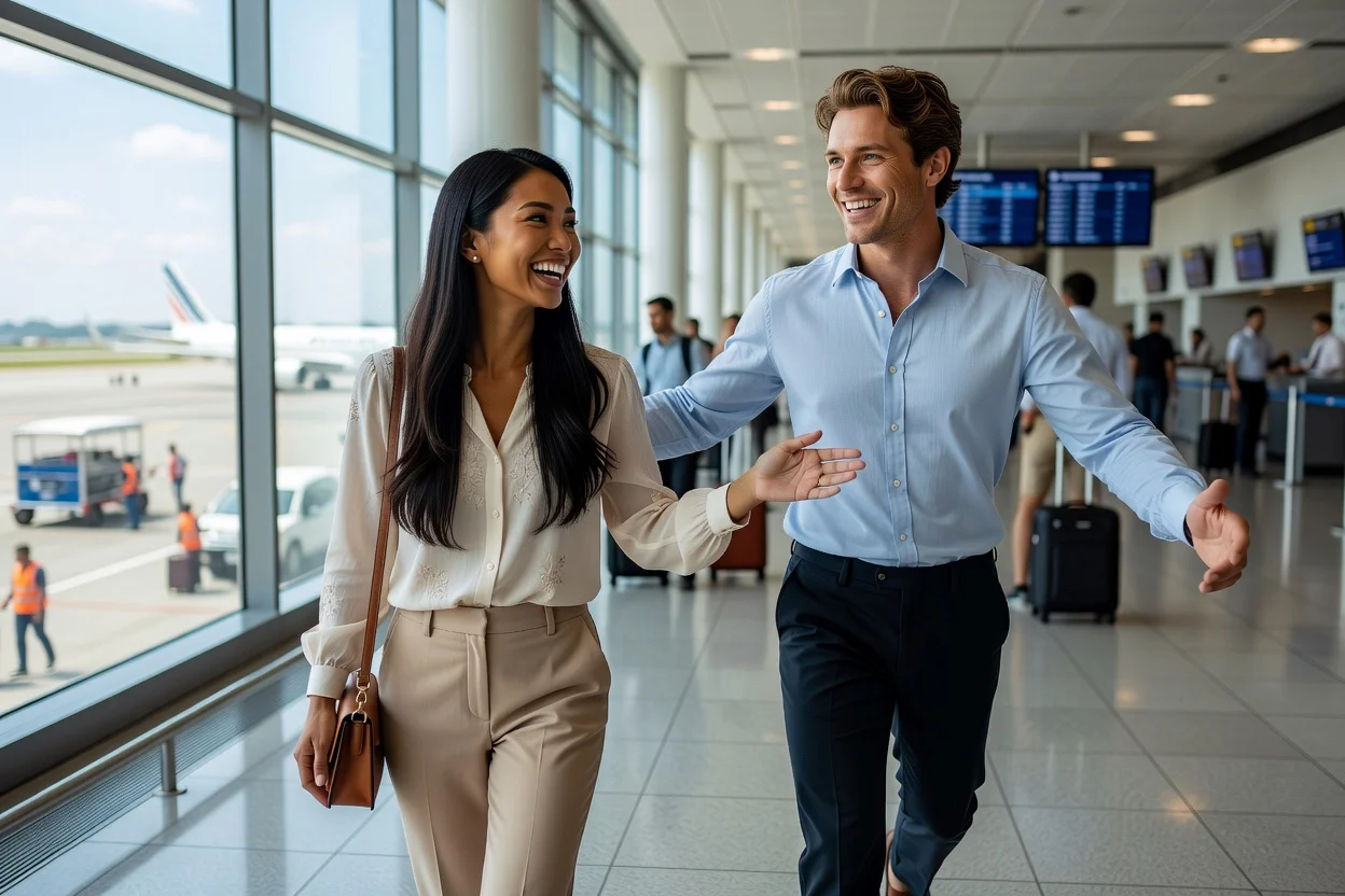 Couple franco-philippin souriant à l'aéroport de Manille